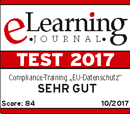 Test-Elearning Sie sehen die Auszeichnung des eLearning Journals, dass die Lernprogramme zur EU-Datenschutzgrundverordnung 2017 die Note „SEHR GUT“ erhalten haben.