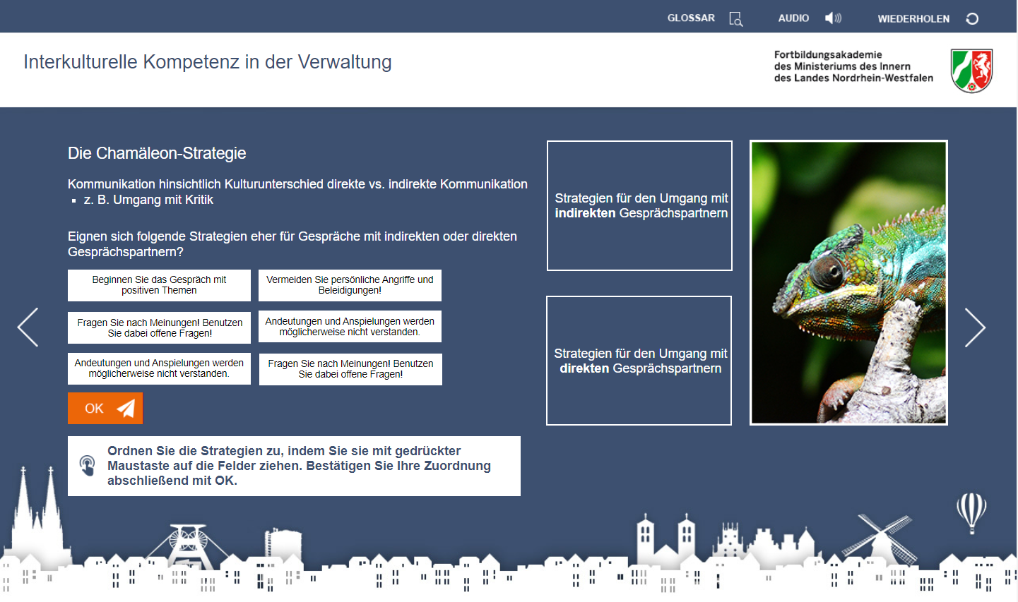 Sie sehen eine Bildschirmaufnahme aus einem eLearning Modul der Landesverwaltung NRW zum Thema interkulturelle Kompetenz.