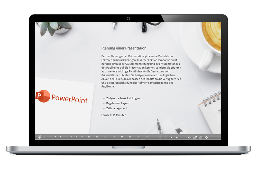 Sie sehen den Startbildschirm unseres Lernprogramms "PowerPoint Fortgeschritten".