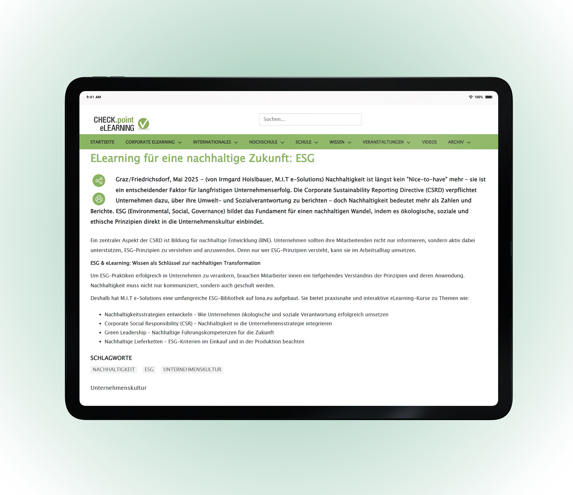 Pressemitteilung "ELearning für eine nachhaltige Zukunft: ESG"
